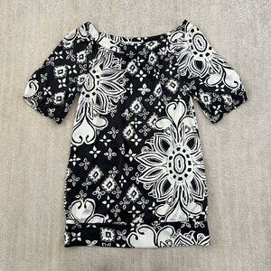 White House Black Market Floral Silk Short Sleeve Tunic Blouse Top XS Y2K